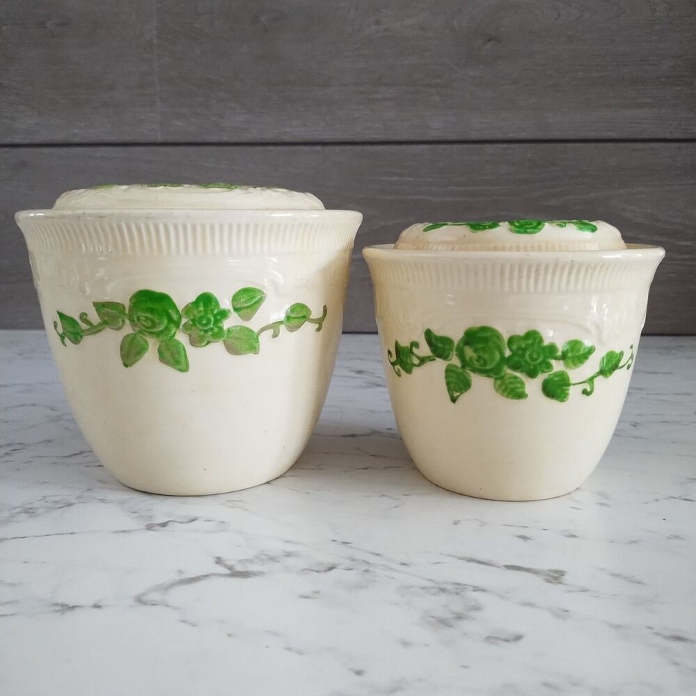 Vintage Homer Laughlin Oven Serve Grease Jar & Bean Pot w/Lid Pair Green Floral